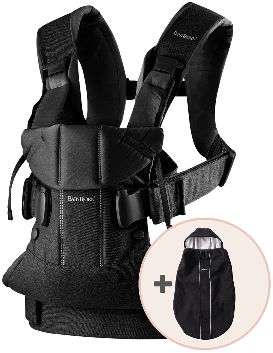BabyBjörn Baby Carrier One, Cotton Mix + Cover Bundle - Black