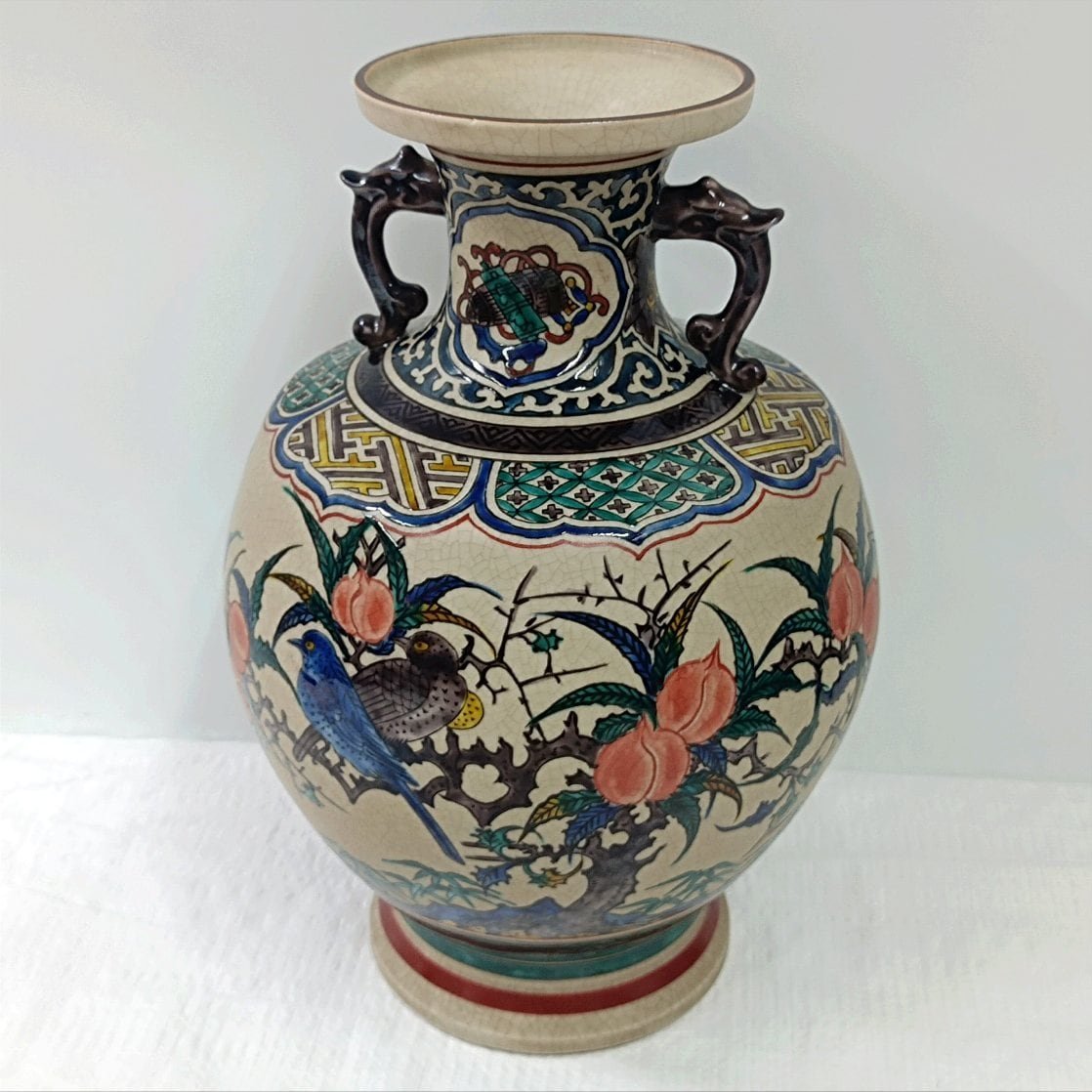 九谷焼 角福銘 花鳥紋 双耳付花瓶 飾り壺 花器 | Resale レサレ